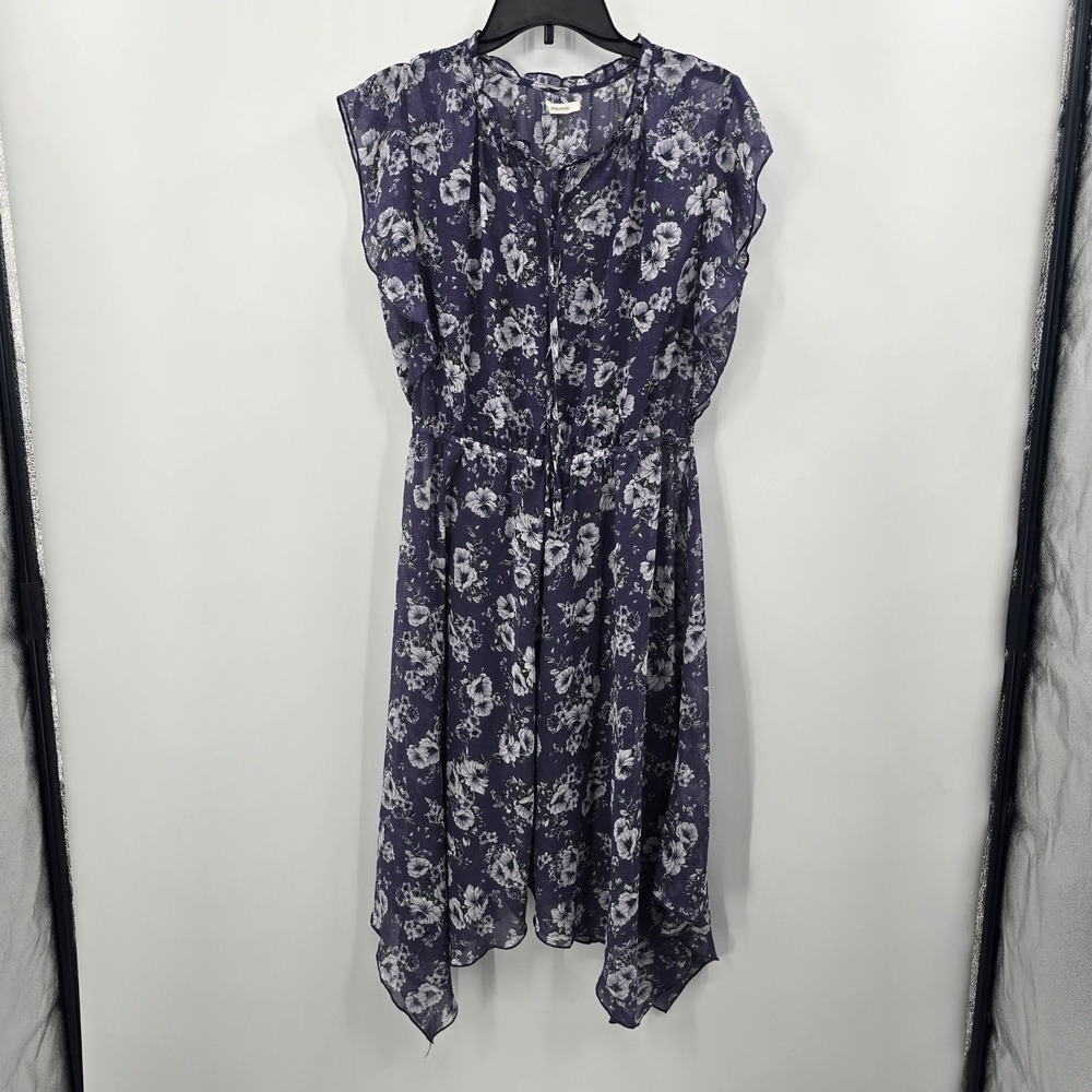 Maurices Purple Floral Chiffon Handkerchief Hem Midi Dress Womens Medium V-Neck